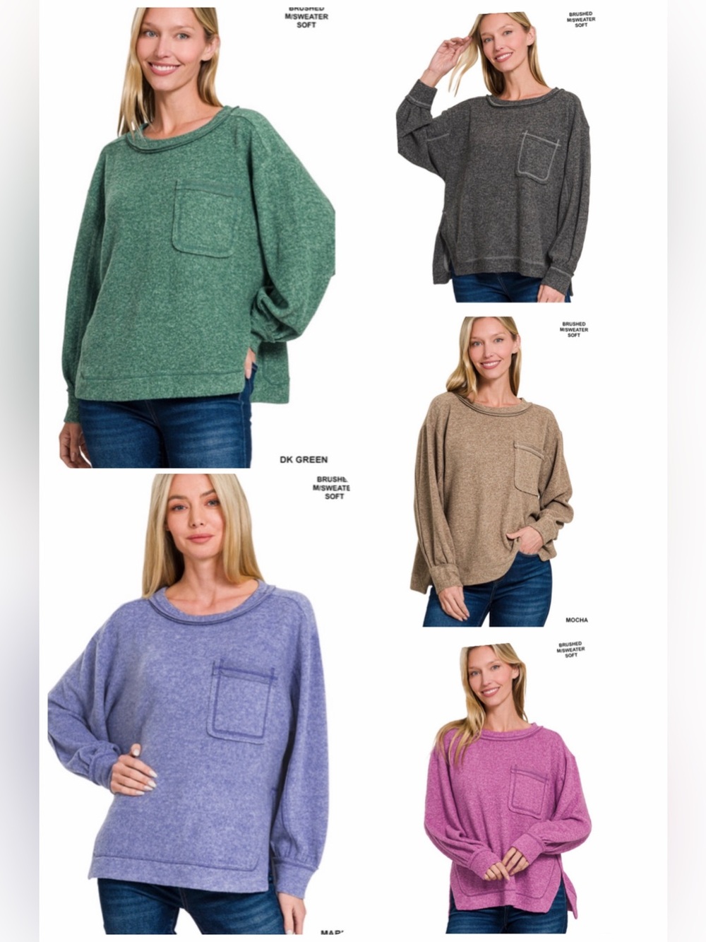 Zenana Brushed Hacci Cozy Pocket Pullover Sweater - 5 available colors